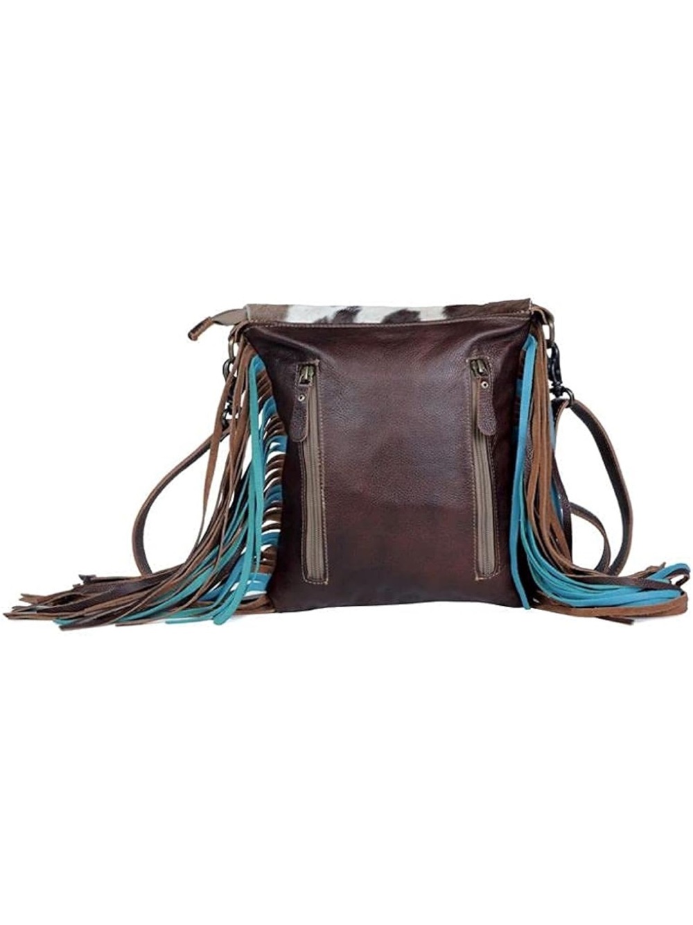 Fringed Tooled Leather Crossbody Bag with Hair-On Hide Flap - White & Brown - Picture 3 of 6